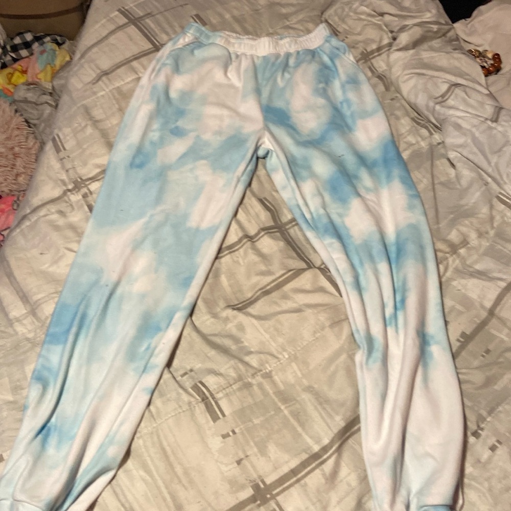 blue and white sweatpants, really comfy.